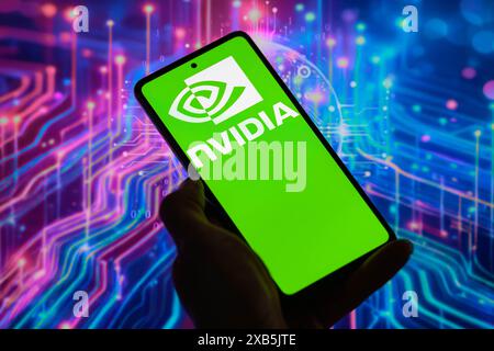 Brussels, Belgium. 10th June, 2024. The NVIDIA logo is being displayed on a smartphone, seen in this photo illustration. Taken in Brussels, Belgium. On June 10, 2024. (Jonathan Raa/Sipa USA) *** Strictly for editorial news purposes only *** Credit: Sipa USA/Ģ����ý Live News Stock Photo