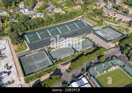 Aerial view of the AELTC Indoor Tennis Centre, Wimbledon, London, UK. Stock Photo