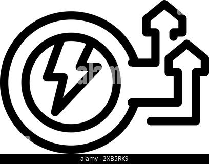 Line art icon of a lightning bolt pointing to houses with up arrows, representing increased electricity supply Stock Vector