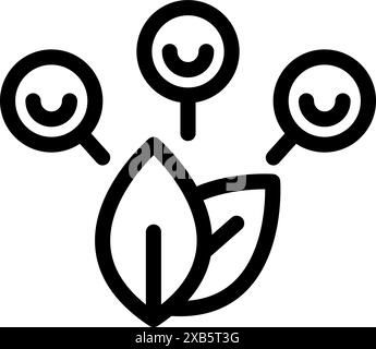 Simple icon of three location pins with happy faces floating over two leaves Stock Vector