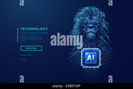 AI chip and polygonal head of lion. Artificial Intelligence concept.  Stock Vector