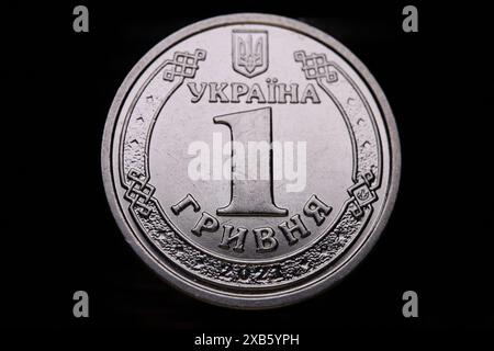 Coin one hryvnia, macro photography, Ukrainian money Stock Photo