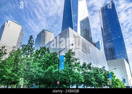 National September 11 Memorial Museum, Brookfield Place, One World Trade Center, Perelman Performing Arts Center, 7 World Trade Center, low angle view Stock Photo