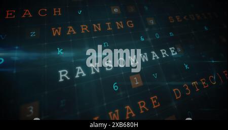 Digital screen displays word RANSOMWARE among various cybersecurity-related terms Stock Photo