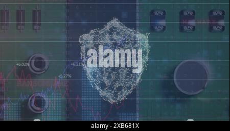 Digital shield graphic overlaying electronic components and financial charts Stock Photo