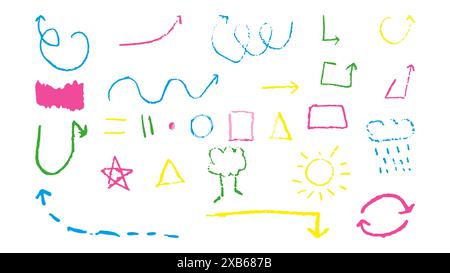 Doodles with the texture of wax chalk. Set elements imitating child drawing. Arrow Square Triangle tree sun. Doodles abstract shapes. Vector illustration. Stock Vector