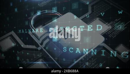 Digital lock icon with Malware Detected text overlay Stock Photo