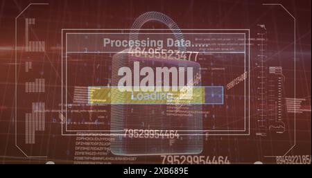 Digital lock icon with Processing Data and Loading text overlaying complex background Stock Photo