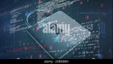 A digital lock icon surrounded by various codes and text MALWARE DETECTED Stock Photo