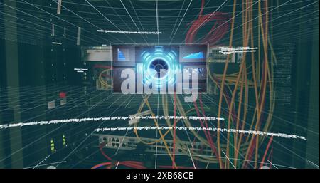 A futuristic digital interface with holographic elements displayed in front of server rack Stock Photo