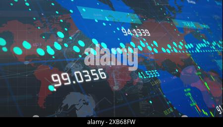 Digital world map with numerical data overlays and bright dots and lines Stock Photo