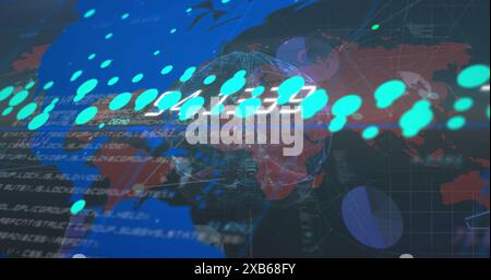 Digital world map with data points and binary code overlay Stock Photo
