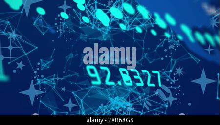 Digital numbers and geometric shapes glowing in blue create futuristic atmosphere Stock Photo