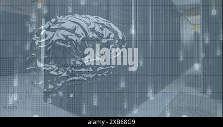 Digital brain graphic overlaying rows of servers in data center Stock Photo