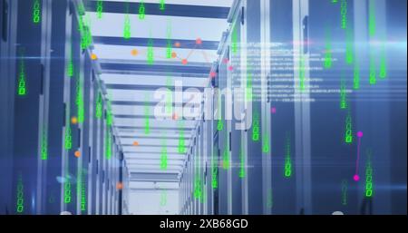 Rows of server racks in data center with digital data overlay Stock Photo