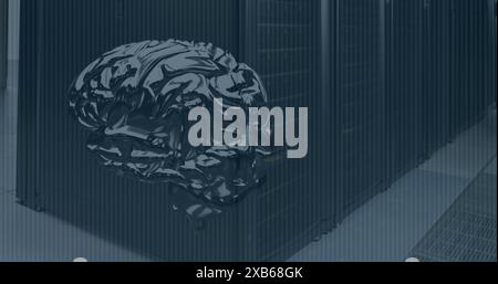 Digital brain illustration overlays server racks in data center Stock Photo