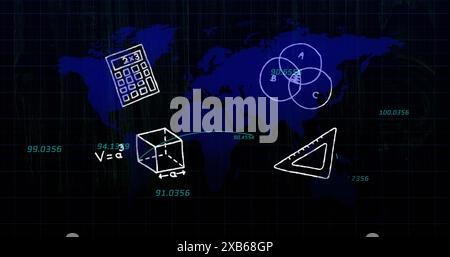Mathematical symbols and diagrams are displayed on digital world map Stock Photo