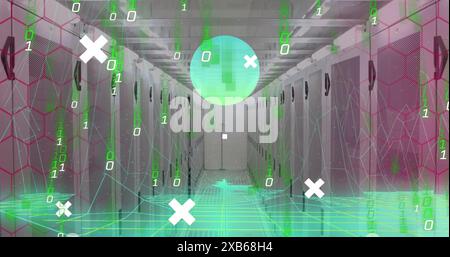 Rows of server racks in data center with digital graphics overlaying scene Stock Photo