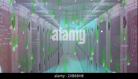 Rows of servers in data center with green binary code overlay Stock Photo