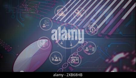 Digital interface with various technology icons displayed on screen Stock Photo