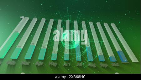 Digital bar graph shows monthly data from February to October with green background Stock Photo