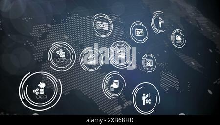 Digital icons representing various technologies and services on dark background Stock Photo