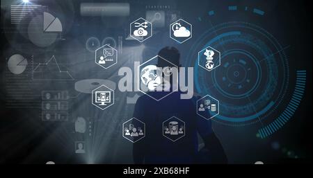 Young Caucasian man interacting with futuristic digital interface Stock Photo