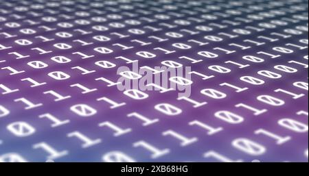 Rows of binary code in white on gradient background represent data processing Stock Photo