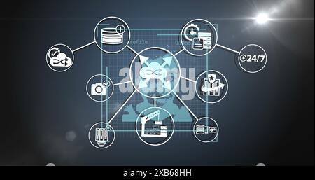 Digital interface showing interconnected icons representing various services and technologies Stock Photo