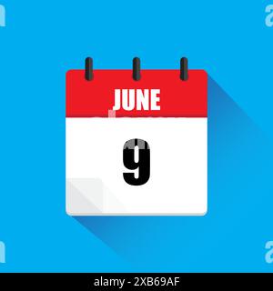 Vector calendar icon. June ninth date. Red and white colors. Blue background. Stock Vector