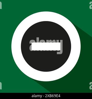 Minus icon vector. Black subtraction symbol. White circle background. Green backdrop shadow. Stock Vector