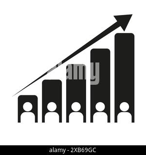Growth chart with people. Upward arrow trend. Black vector graphic. Business success illustration. Stock Vector