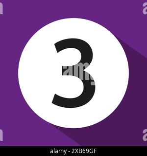 Number three icon. Purple background vector. Bold numeral symbol. Simple graphic design. Stock Vector