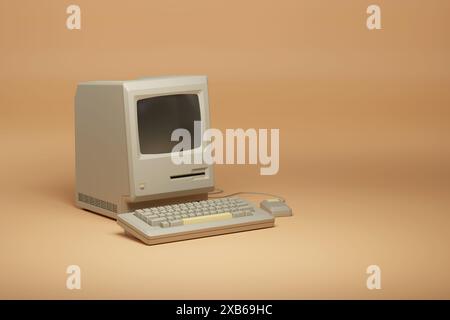 Buenos Aires, Argentina - June 9th, 2024: Apple Macintosh 128K computer isolated on orange background. Stock Photo