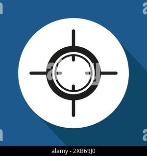 Target icon vector. Black crosshair symbol. White circle background. Blue backdrop shadow. Stock Vector