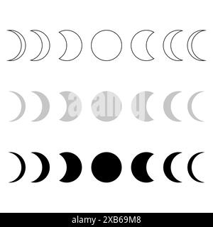 Moon phases vector. Lunar cycle icons. Black white gray design. Astronomical symbols set. Stock Vector