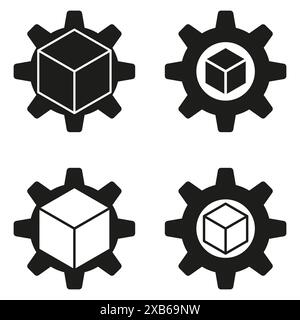 Gear and cube icons. Four black and white. Geometric vector elements. Modern minimalist design. Stock Vector