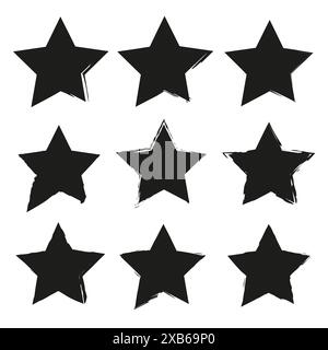 Grunge black stars. Nine filled shapes. Hand-drawn vector. Abstract geometric icons. Stock Vector