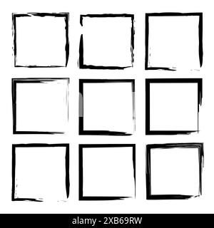 Grunge square frames. Nine black outlines. Hand-drawn vector. Abstract geometric shapes. Stock Vector