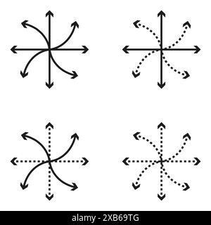Arrow vector icons. Curved and dotted lines. Directional symbol set. Simple black design. Stock Vector