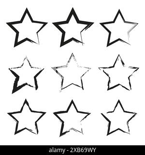 Grunge star frames. Nine black outlines. Hand-drawn vector. Abstract geometric shapes. Stock Vector