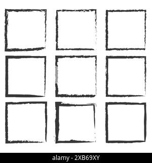 Grunge square frames. Hand drawn vector. Abstract black shapes. Rough border design. Stock Vector