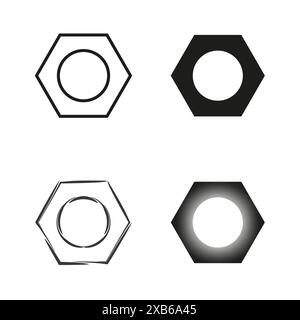 Hex nut icon set. Black and white. Various styles. Vector illustration. Stock Vector