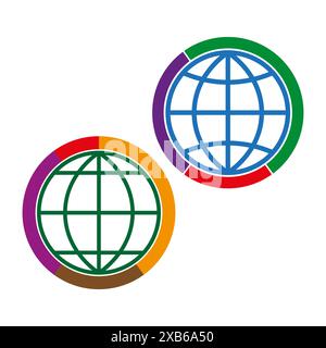 Globe vector icons. Colorful world symbols. Global connectivity design. Circular international elements. Stock Vector