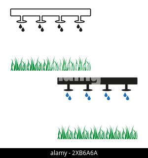 Irrigation system vector. Drip watering icons. Grass and water drops. Garden irrigation design. Stock Vector