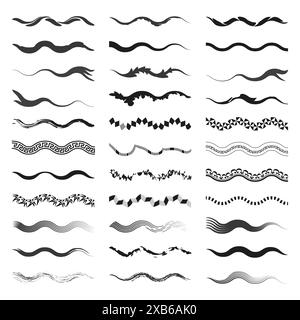 Twenty four wave patterns. Different styles and designs. Curved line elements. Decorative vector set. Stock Vector