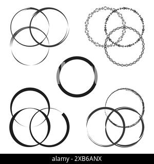 Six black circles. Varied decorative styles. Overlapping design elements. Vector illustration. Stock Vector