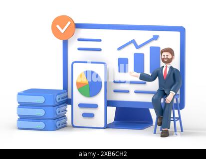 Big Data and Cloud Computing set. 3D illustration of businessman using remote servers to analyzing large sets of data and recognizing mistakes. Action Stock Photo