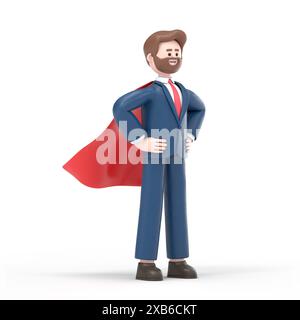3D illustration of businessman standing in a superhero pose with a red cape. Mockup 3d character illustration.3D rendering on white background Stock Photo