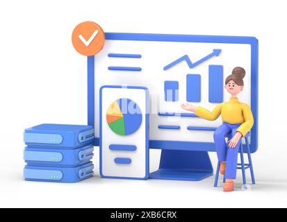 Big Data and Cloud Computing set. 3D illustration of businessman using remote servers to analyzing large sets of data and recognizing mistakes. Action Stock Photo